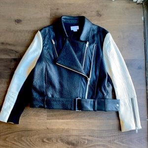 Helmut Lang Black and Cream Moto Leather Jacket w/ silver zippers. Size- Large